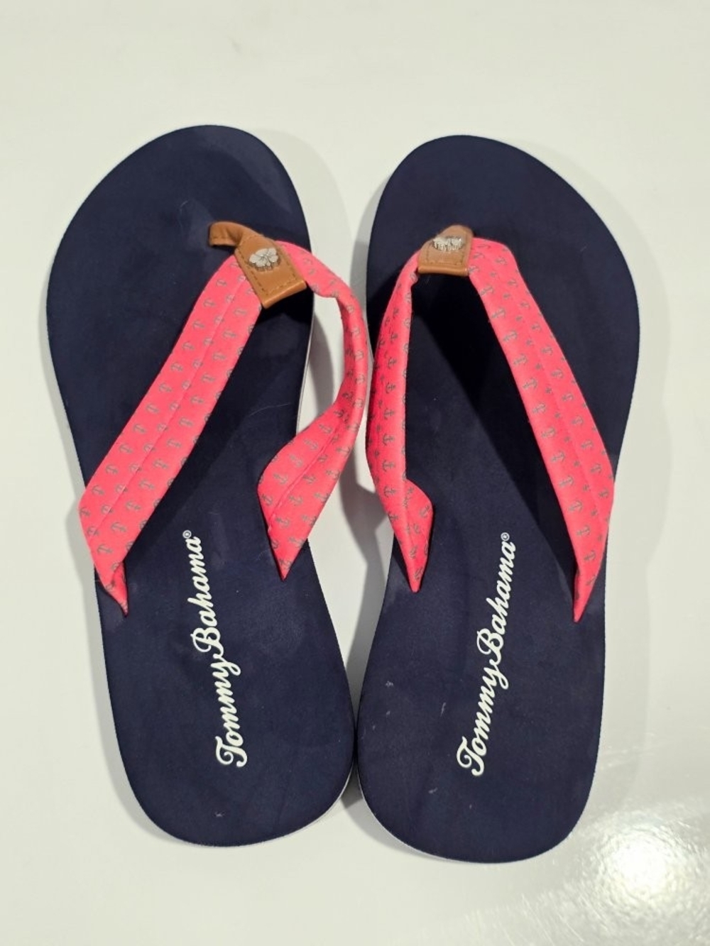 Tommy Bahama Navy Footbed Sandals with Coral Pink Straps